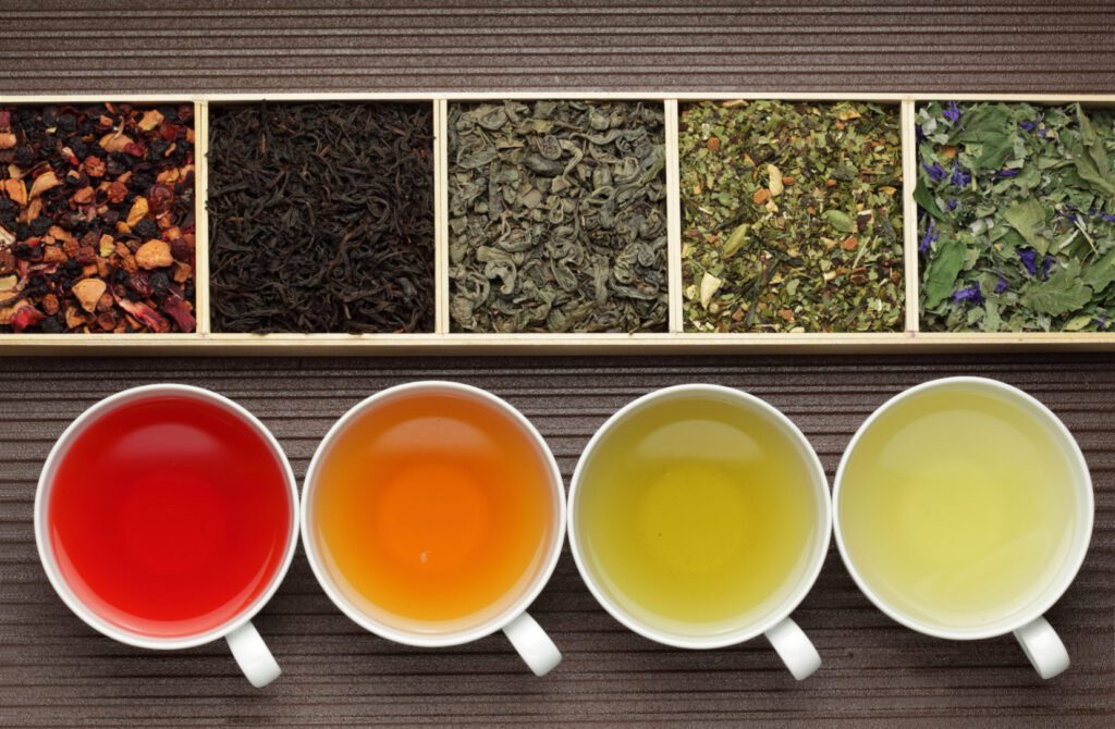 A row of tea and tea leaves.