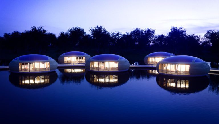 A group of WaterNest floating houses.