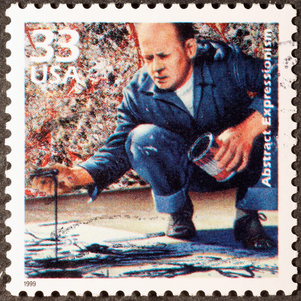 A stamp showing Pollock at work.