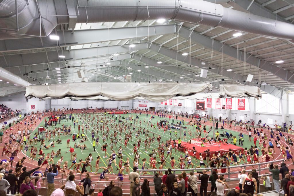 An indoor race in time lapse
