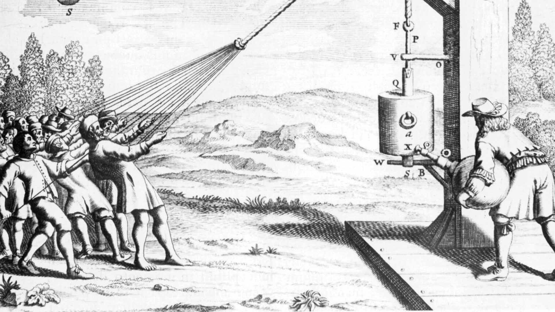Otto von Guericke's air pressure vacuum pump demonstration