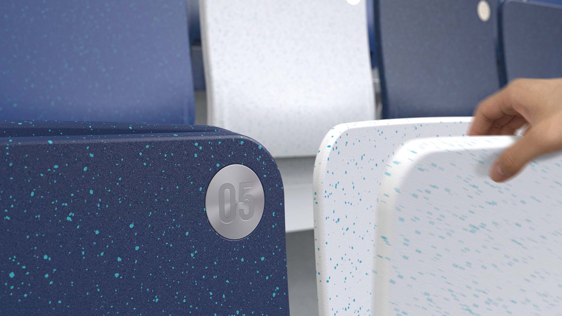 Stadium seats made from recycled ocean plastics