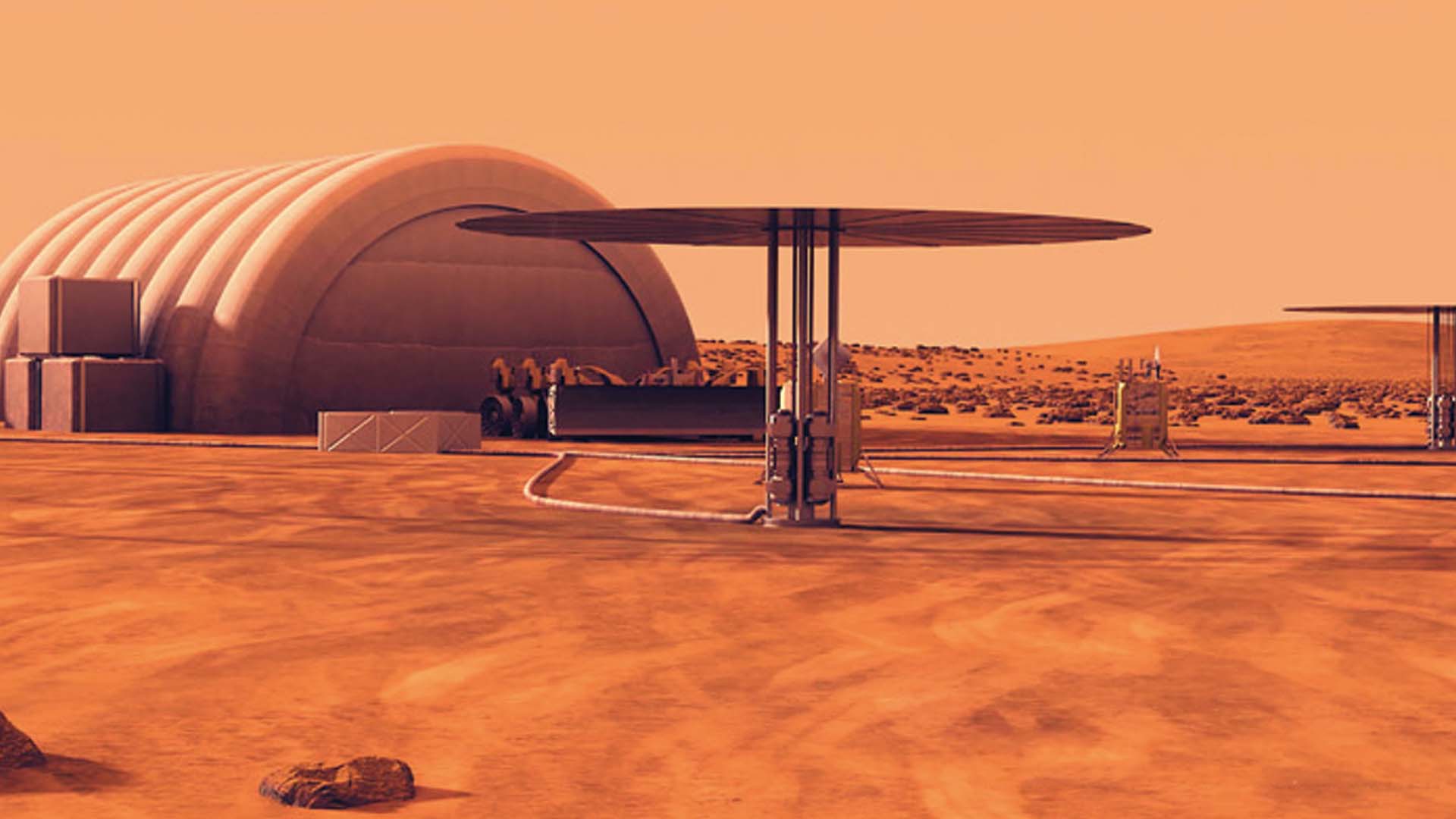 A NASA artist’s rendering of Kilopower reactors powering a human habitat on Mars