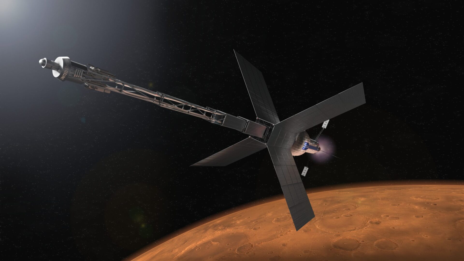 Illustration of a Mars transit habitat and nuclear propulsion system that could one day take astronauts to Mars.