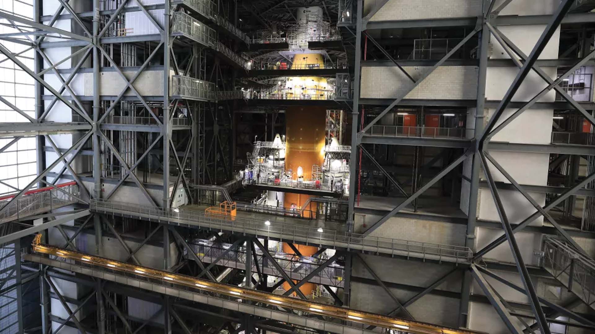 The SLS rocket and Orion spacecraft for NASA's Artemis 1 mission as seen inside the Vehicle Assembly Building at Kennedy Space Center in Florida on Dec. 13, 2021.