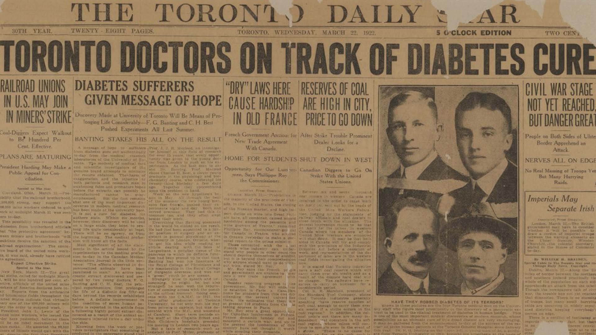 newspaper announcement of insulin created. 1922