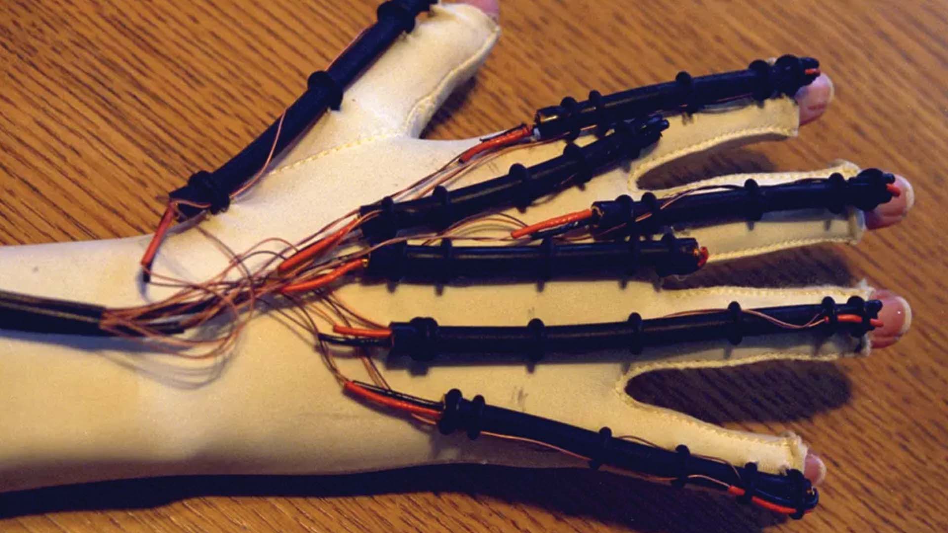 Sayre Gloves, 1977. The first wired data glove; Photo Credit: Electronic Visualization Laboratory