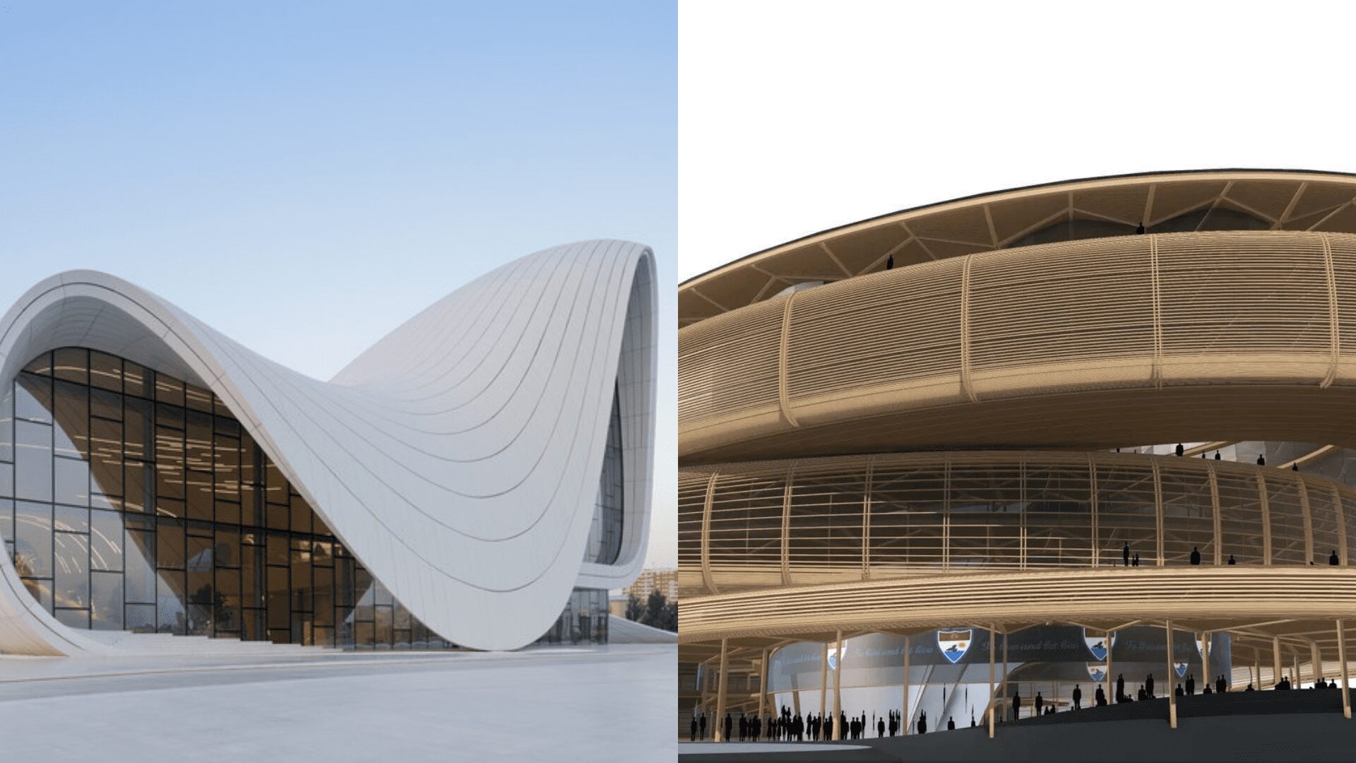 Heydar Aliyev Centre (Left); Photo Credit: Arch Daily; City Hall Building in Liberland; Photo Credit: ZHA