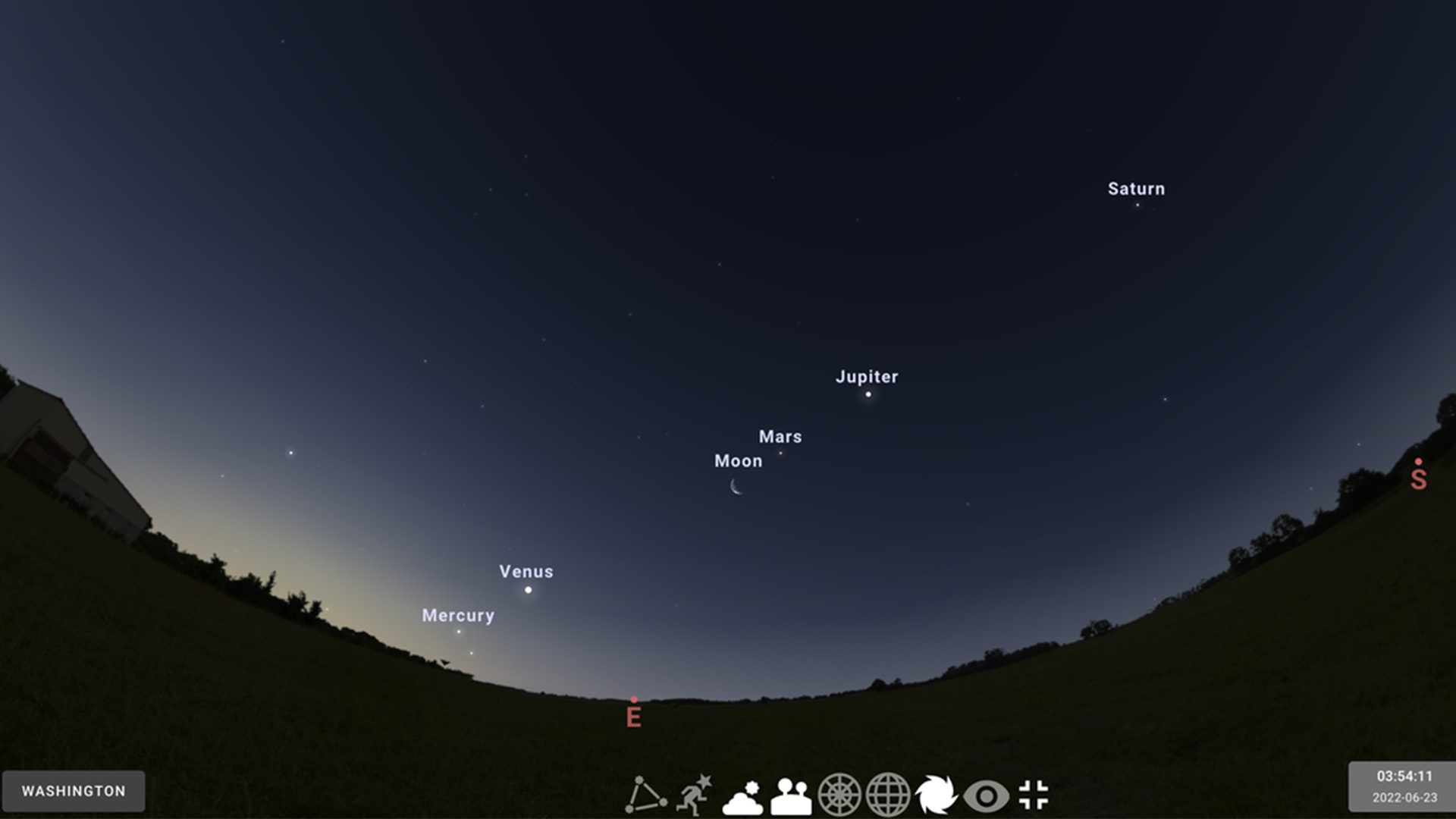 A visualization of the night sky on June 23 around 4 a.m., as viewed from Washington, D.C. Photo Credit: Stellarium-web.org