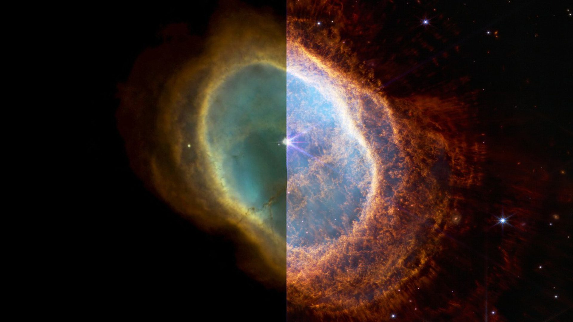The Southern Ring Nebula as imaged by Hubble (left) and James Webb (right); Photo Credit: NASA