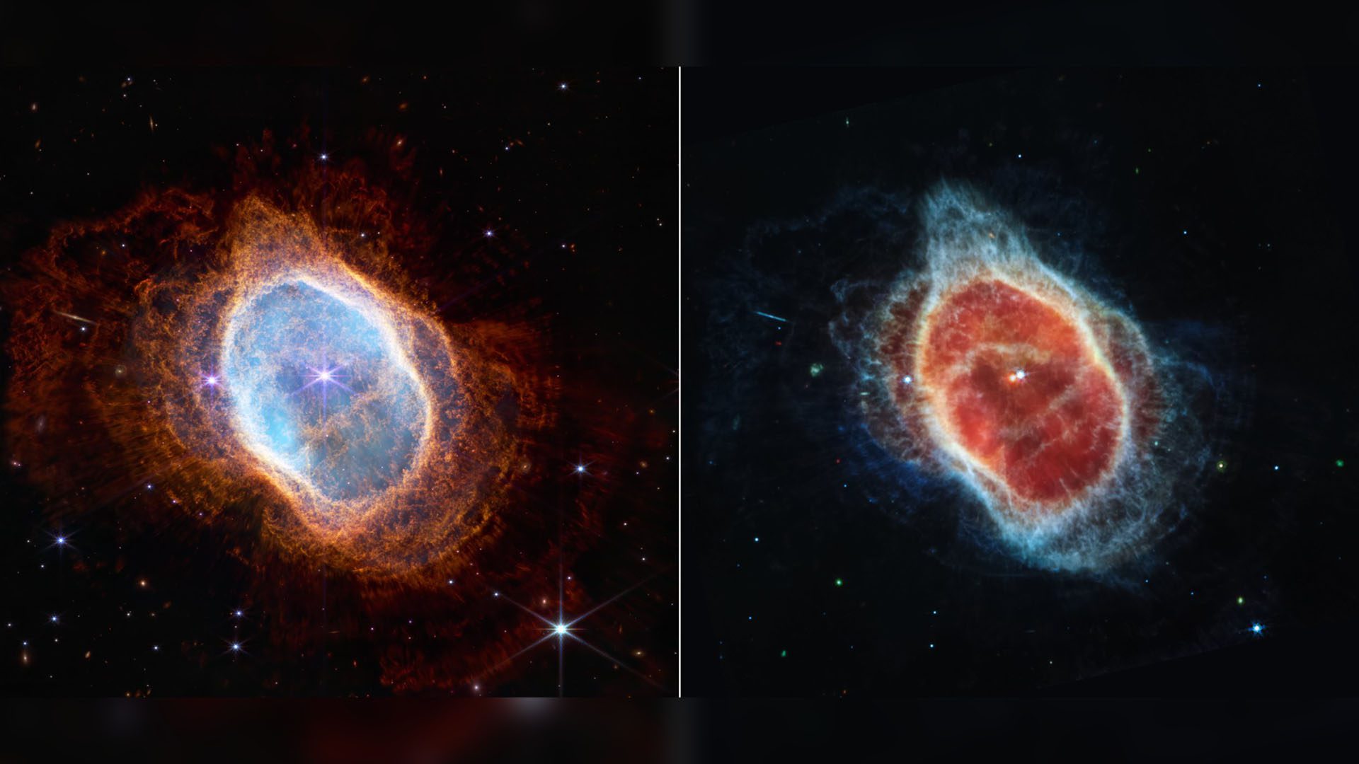 Views of the Southern Ring nebula and its pair of stars by Webb’s NIRCam (L) & MIRI (R)