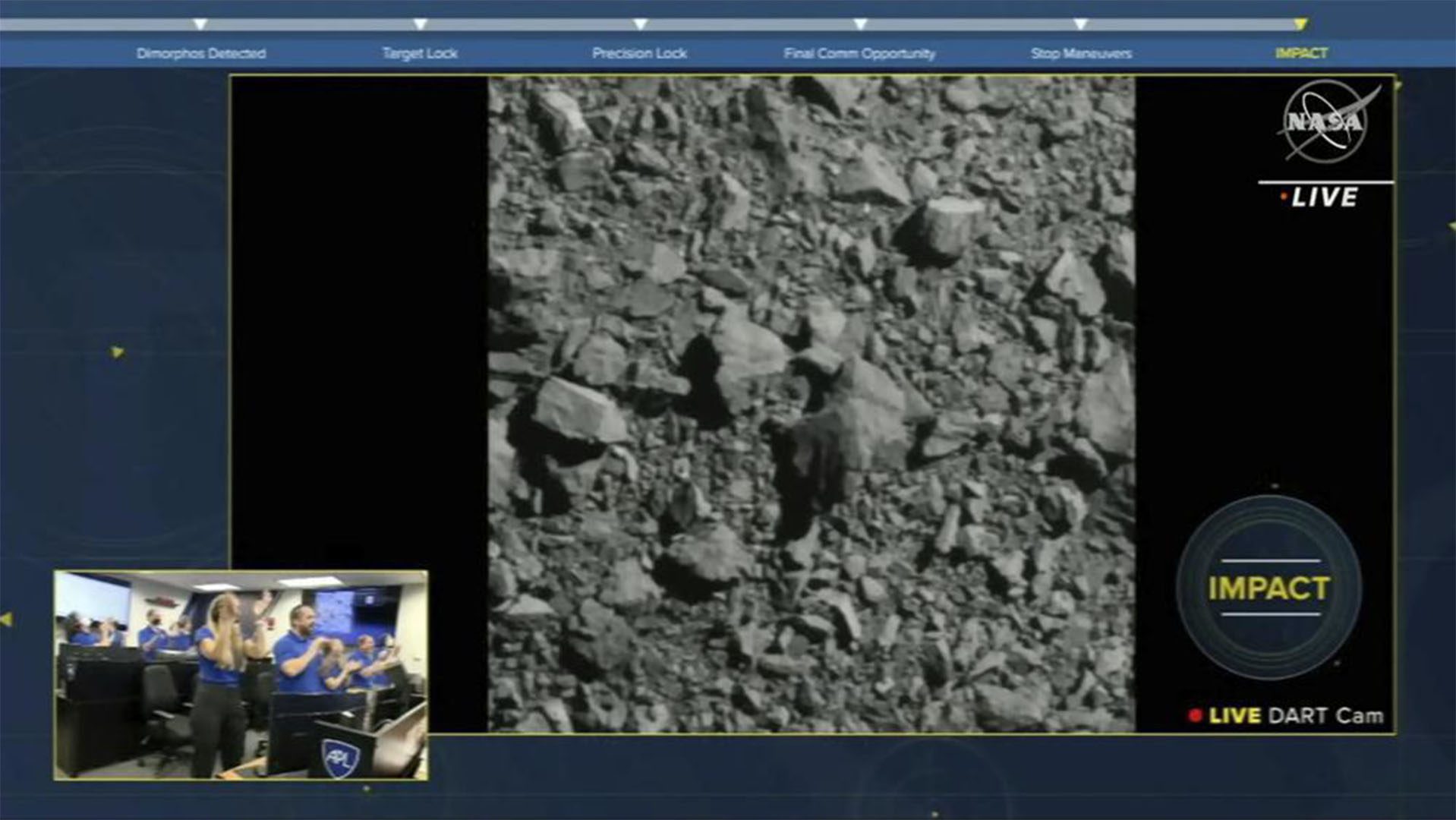 Image from a NASA livestream as the DART spacecraft crashes into Dimorphos; Photo Credit: NASA
