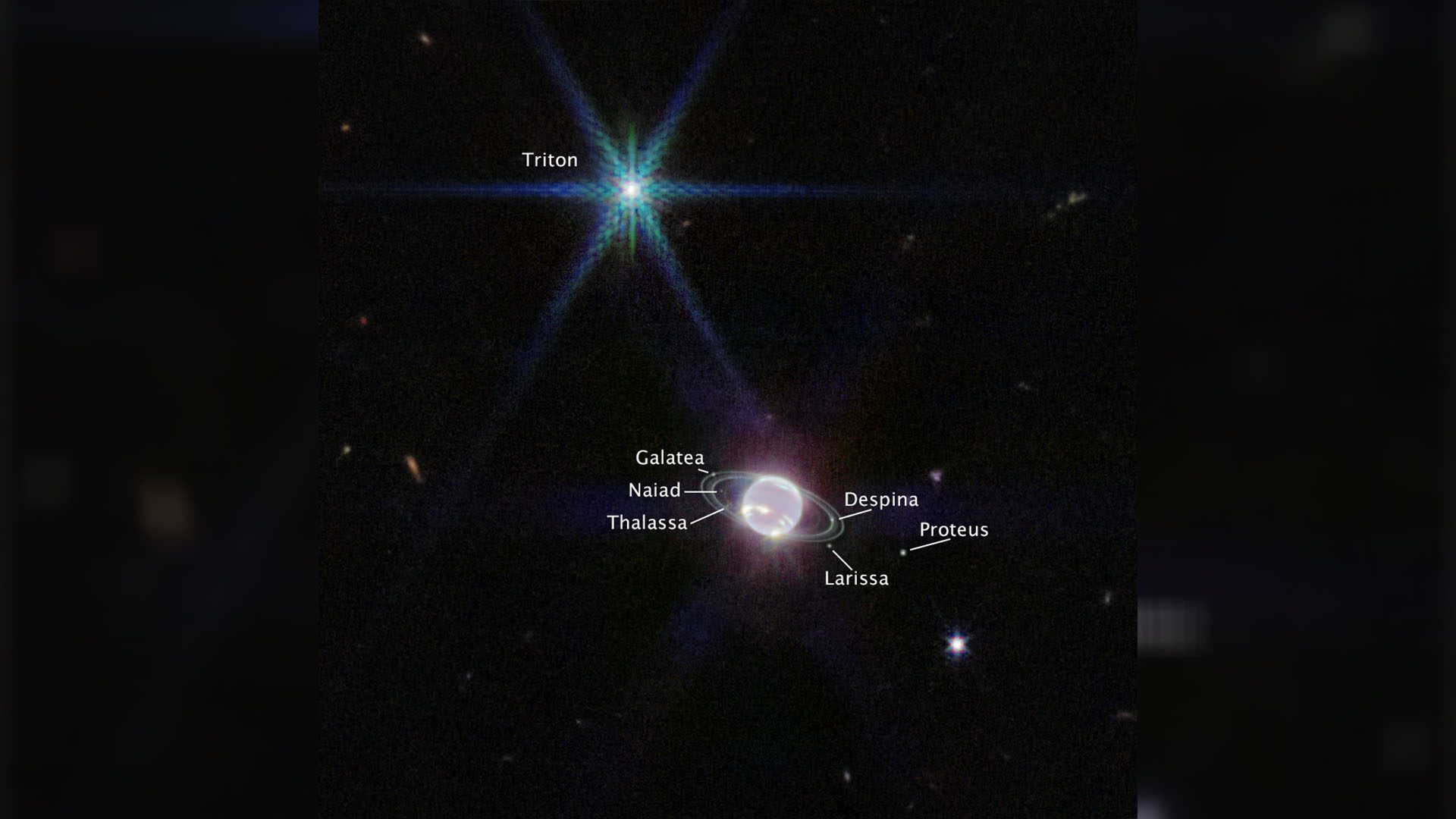The moon outshines Neptune in the image because the planet’s atmosphere is darkened by methane absorption at Webb’s near-infrared wavelengths; Photo Credit: NASA