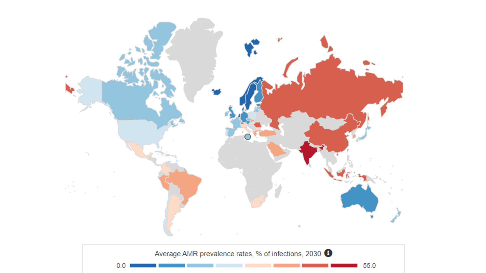 OECD projections of average global prevalence rates of antimicrobial resistance by 2030 [2]