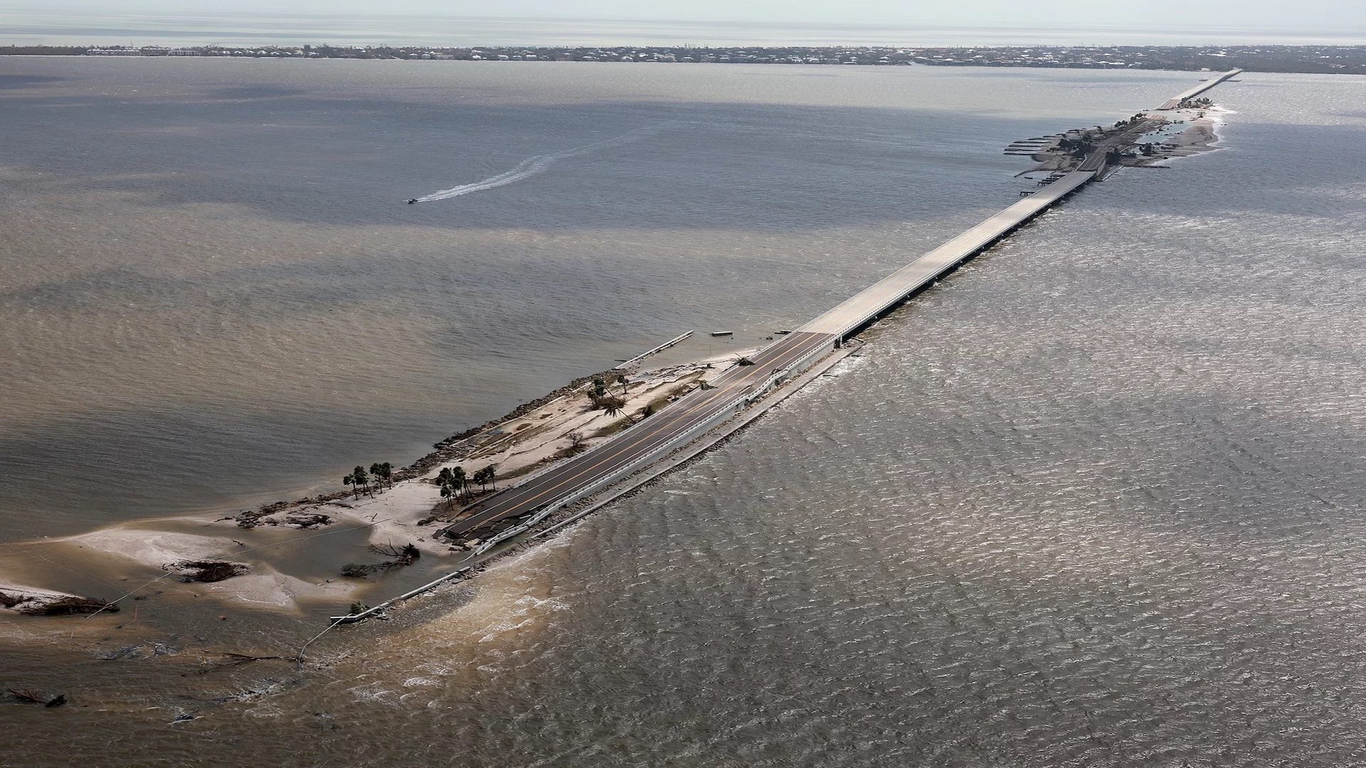 Aftermath of Hurricane Ian as parts of the Sanibel Causeway were washed away