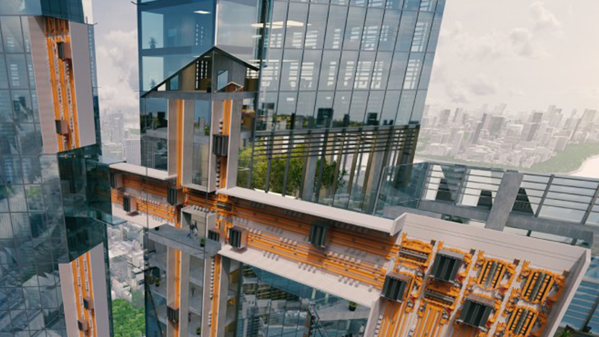 Artist rendering of world's first ropeless elevator that can move vertically and horizontally