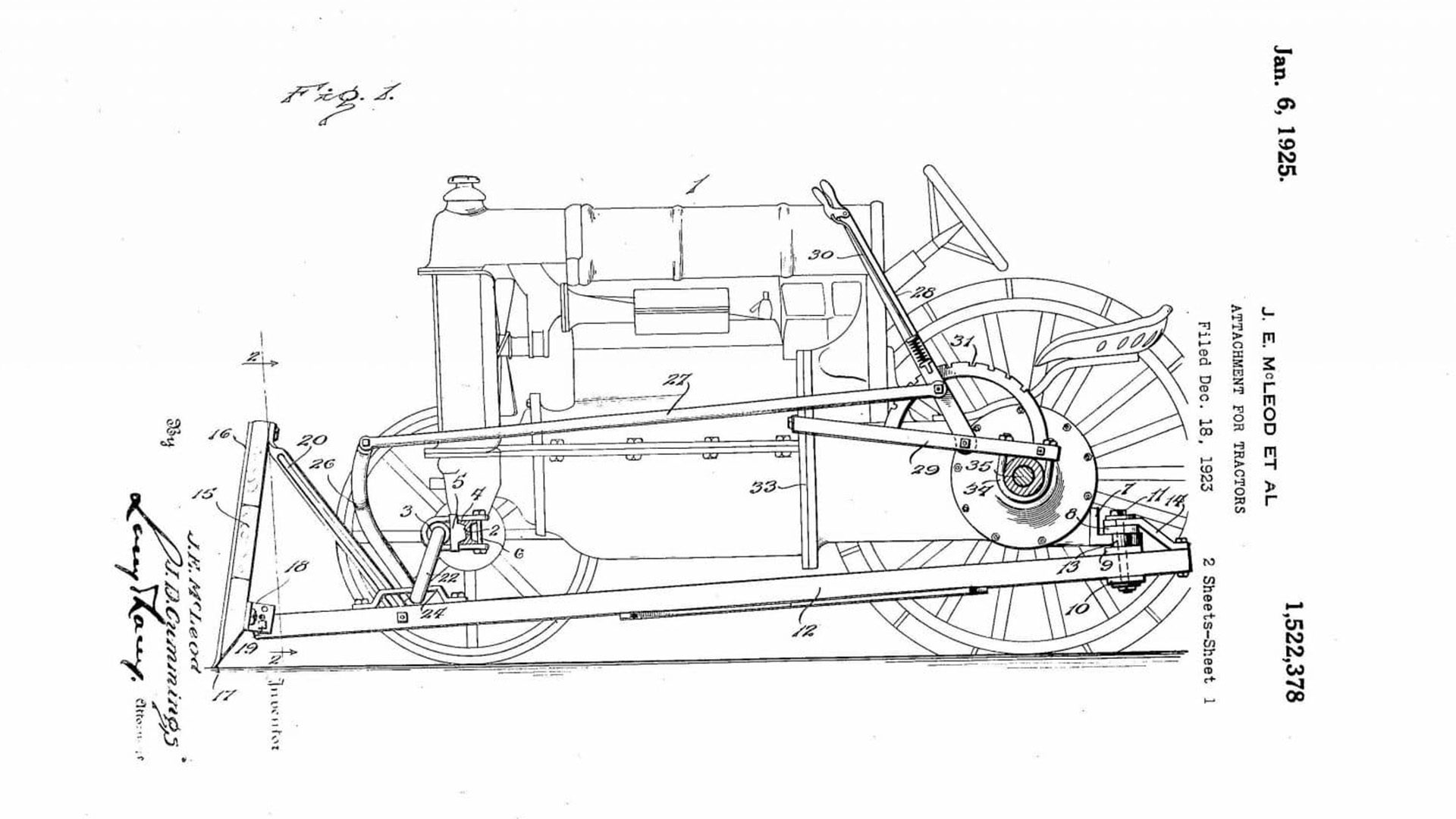 Cummings and McLeod's approved patent for “scraper blade mounted” on a tractor, 1925