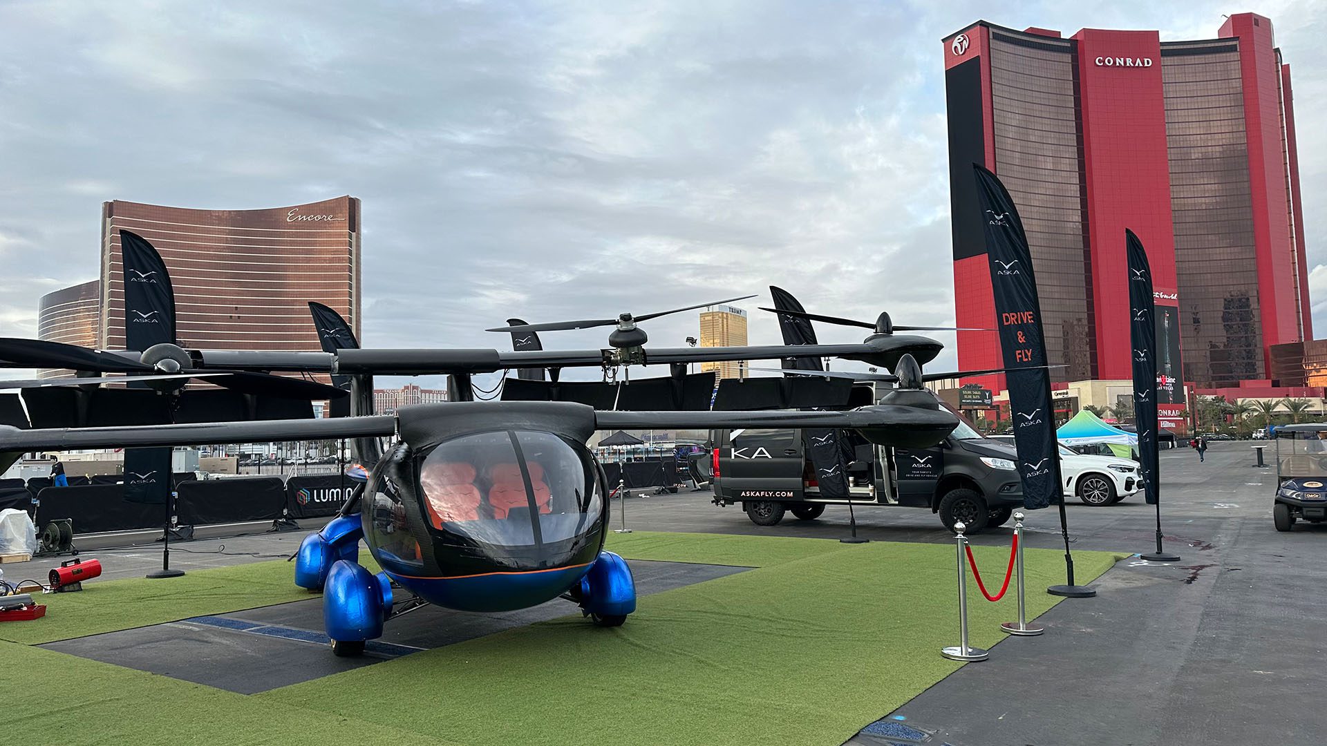 A fully-functional prototype of the ASKA A5 electric drive and fly Vertical Takeoff and Landing (eVTOL) vehicle car debuted at the 2023 Consumer Electronics Show
