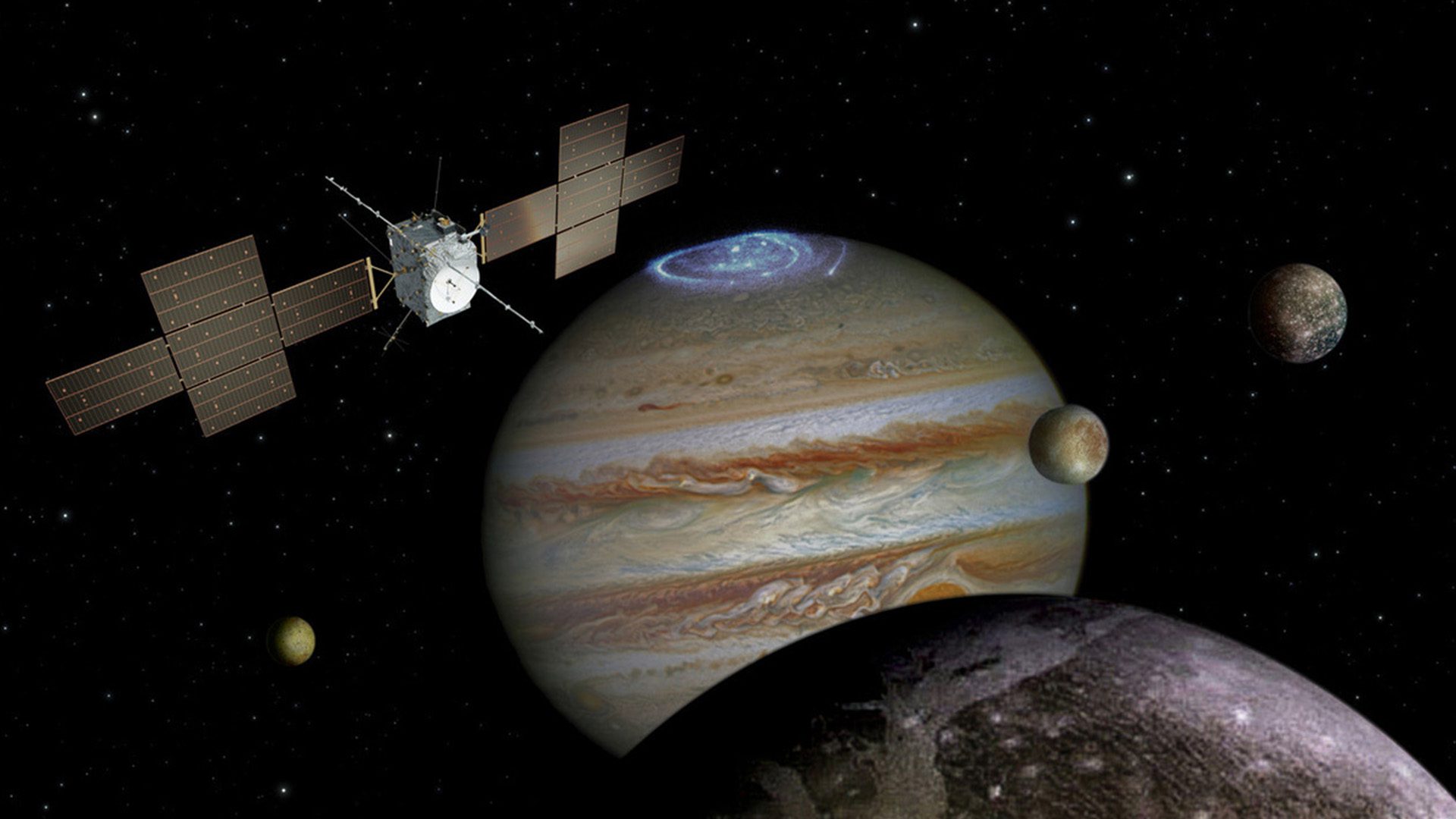 Concepto artístico de la nave espacial JUICE sobre Júpiter