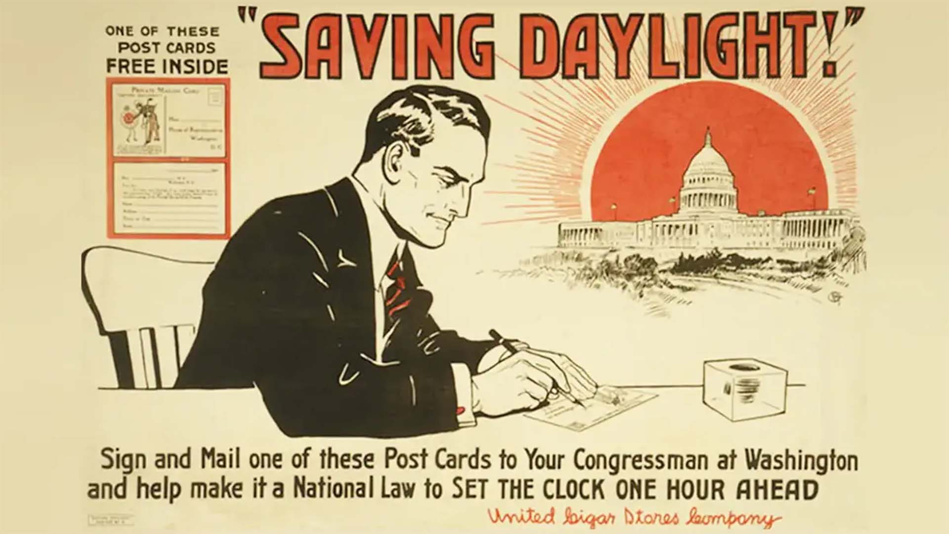 Poster from 1918 encouraging Americans to write their Senators to support Daylight Saving Time