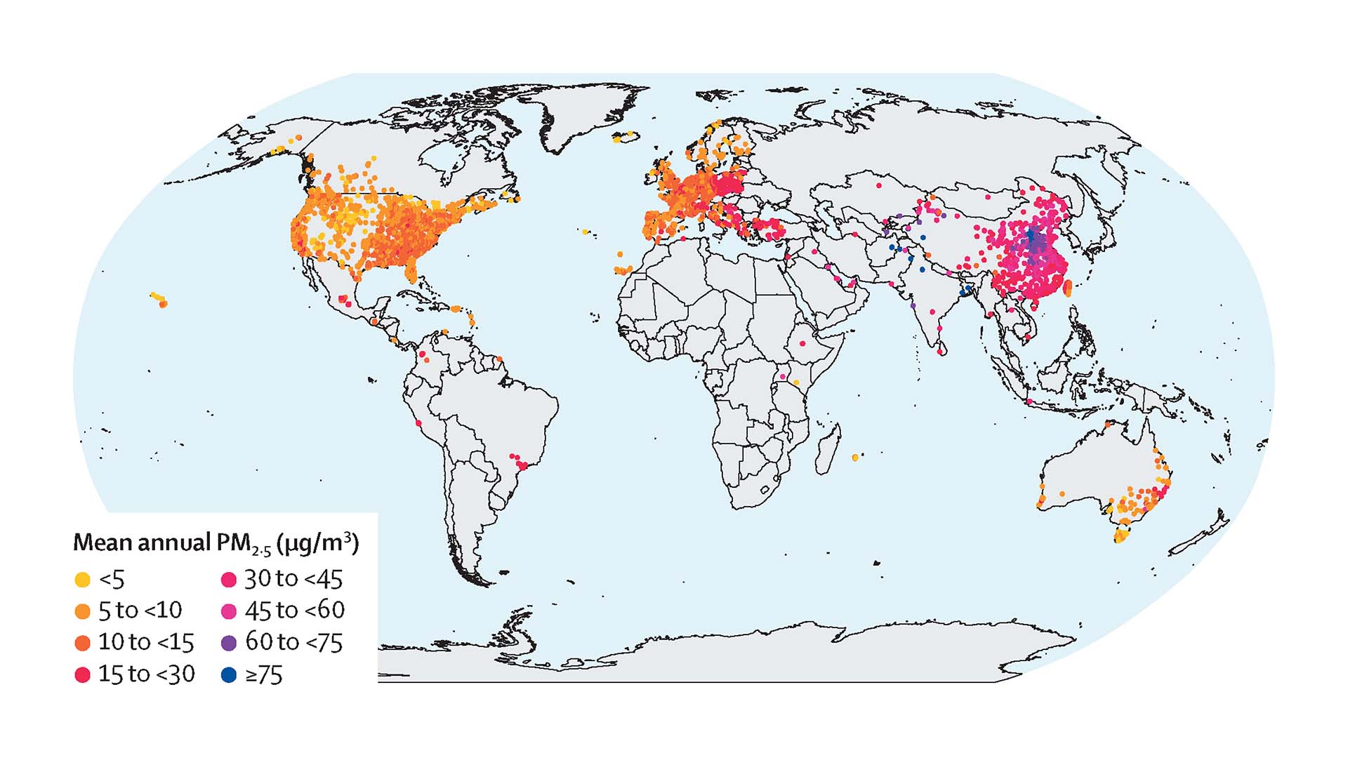 Global monitor station distribution and mean annual PM2·5 concentration over two decades (2000–19)