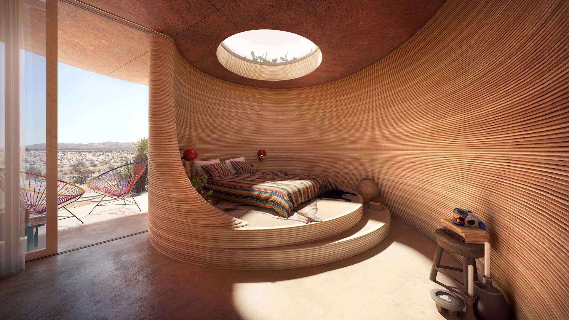 World’s First 3D-Printed Hotel to Open in 2024 1 El Cosmico's 3D-printed wall that spirals around the raised bed platform, providing a framed view of the sky.