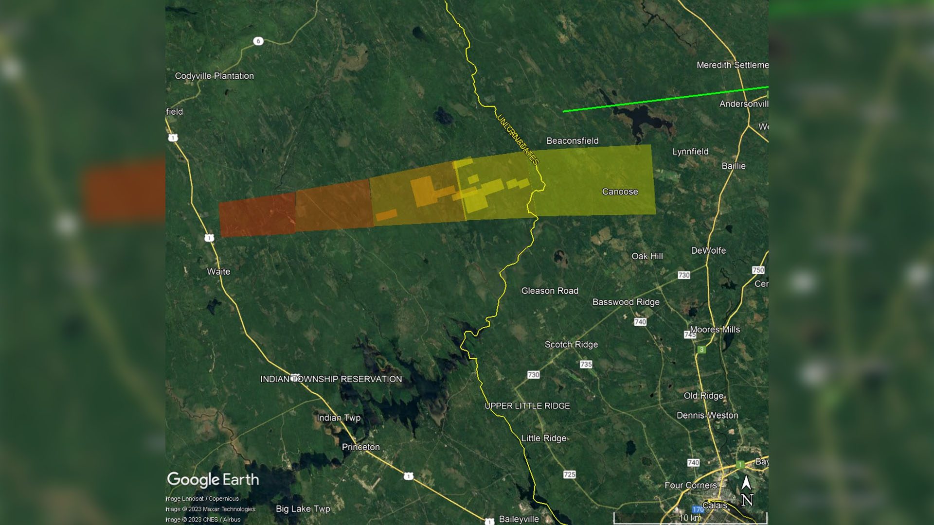 Strewn field estimate calculated from radar signatures, scaled from 10kg (red) to 1g (yellow)