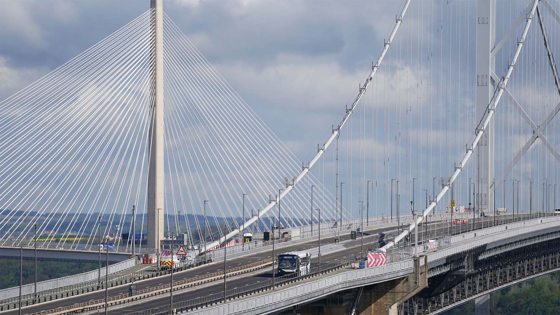 Autonomous bus driving along Forth Bridge in Edinburgh