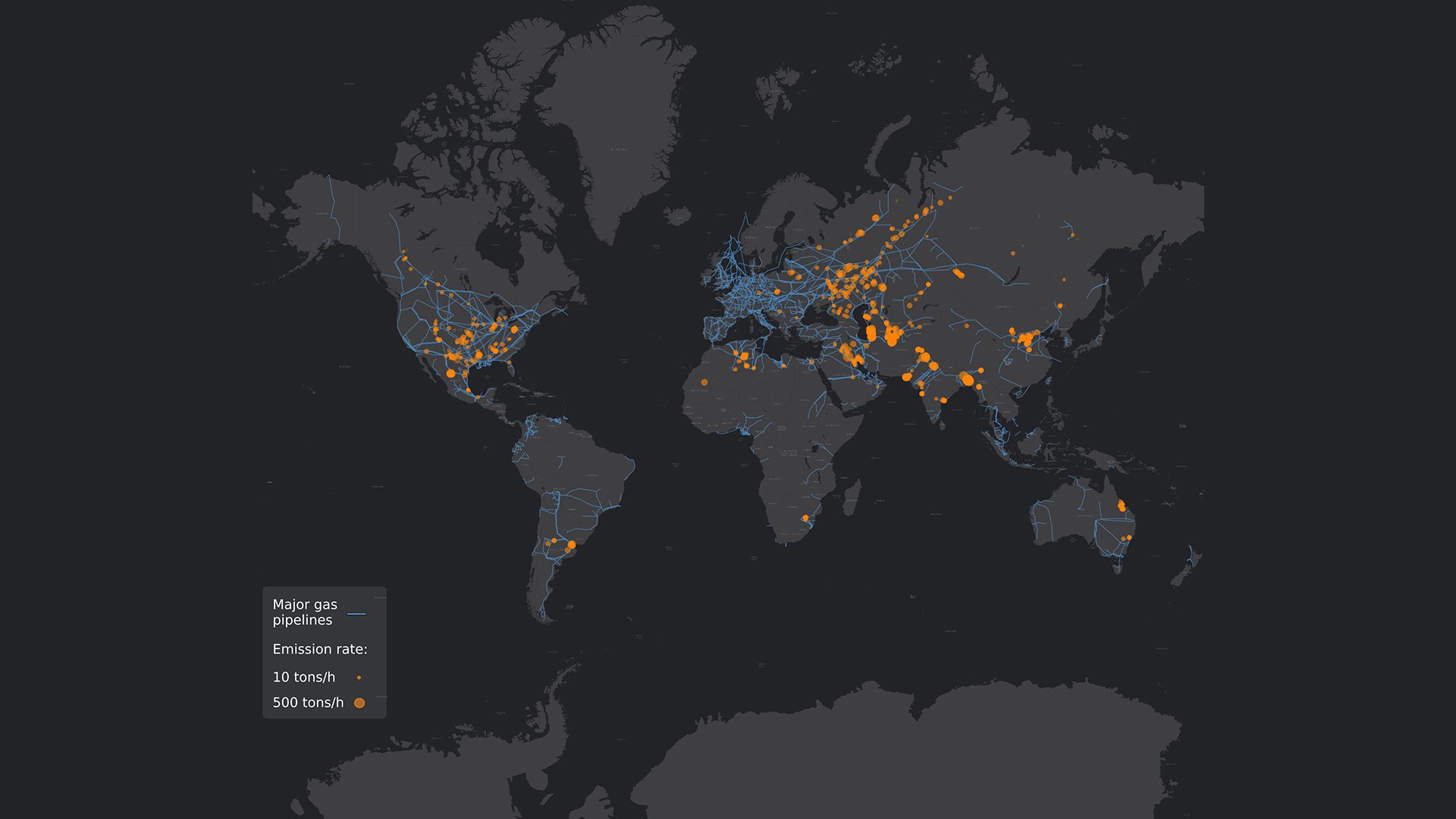 Map showing the location of the main gas pipelines and the main sources of methane emissions related to the oil and gas industry