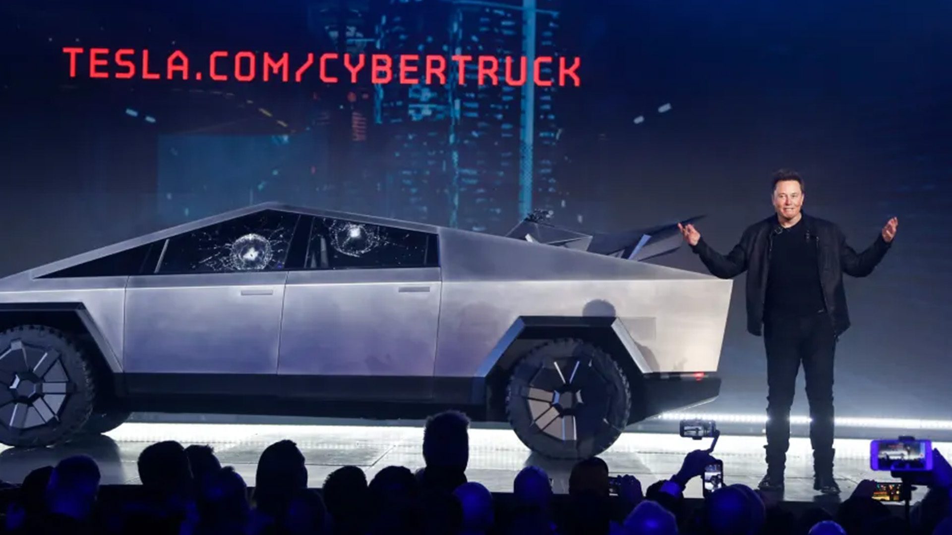Tesla CEO Elon Musk introducing the Cybertruck at Tesla’s design studio in 2019