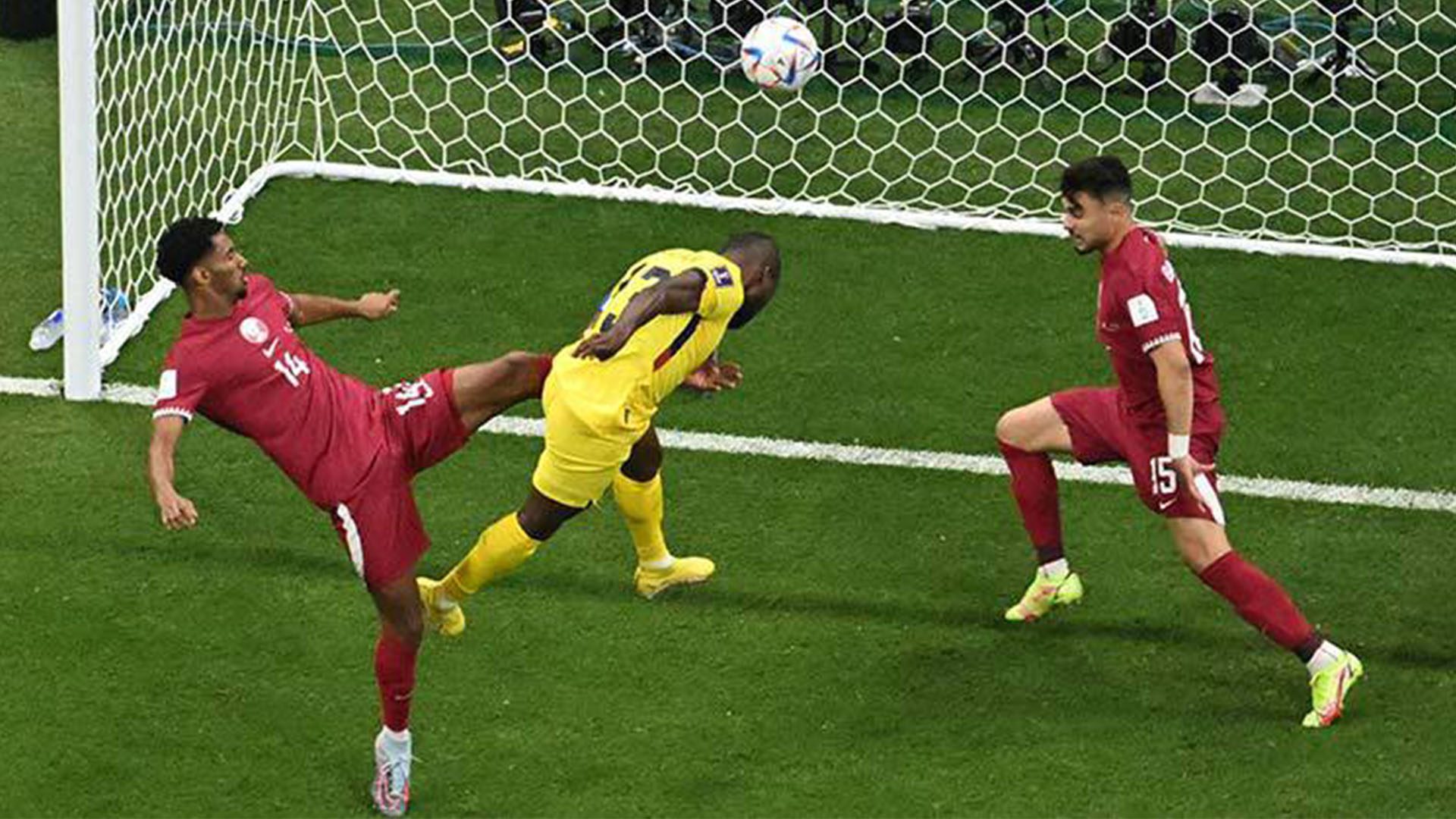 Ecuador’s Enner Valencia heads the ball to score a goal later disallowed during the Qatar 2022 FIFA World Cup