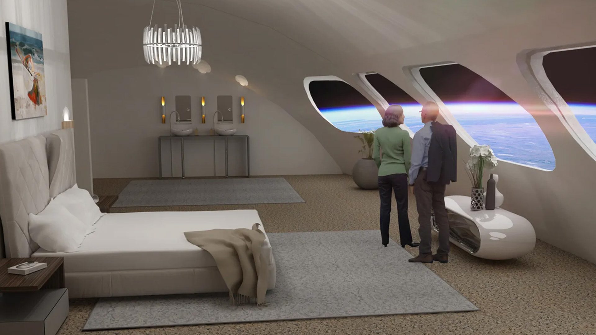 Rendering of hotel room in Orbital Assembly's space hotel
