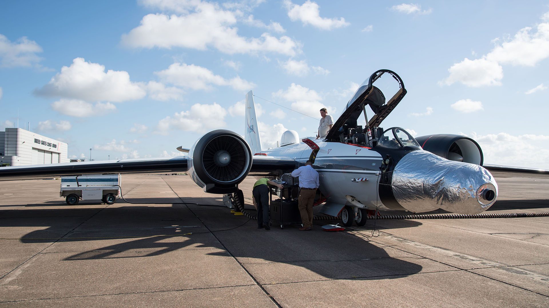 A WB-57F jet is readied for a test run at NASA’s Johnson Space Center in Houston