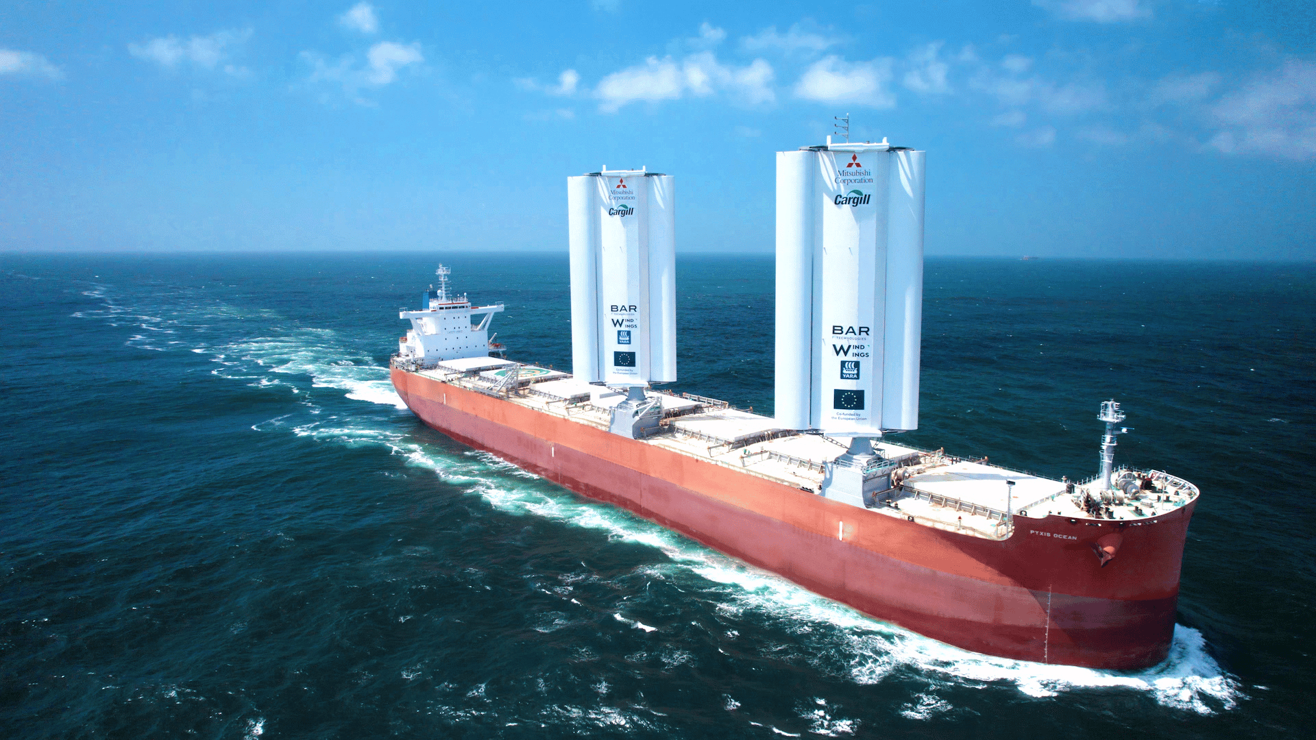 Pyxis Ocean retrofitted with WindWings setting sail for its maiden voyage of the world's first wind-powered cargo ship