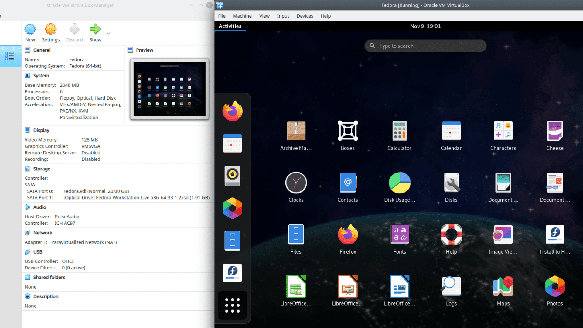VirtualBox 6.1.14 on Kubuntu running Fedora