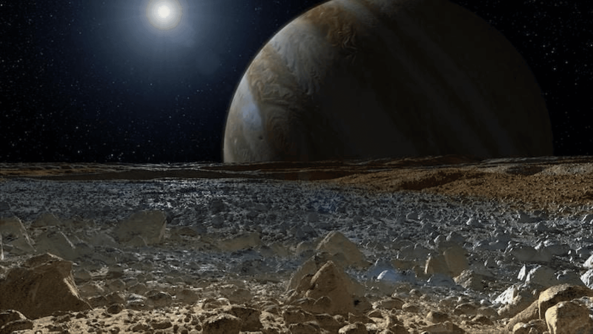 An artist's concept of a simulated view from the rough, icy surface of the moon Europa with Jupiter looming over the horizon. NASA : JPL-Caltech An artist's concept of a simulated view from the rough, icy surface of the moon Europa with Jupiter looming over the horizon. NASA : JPL-Caltech