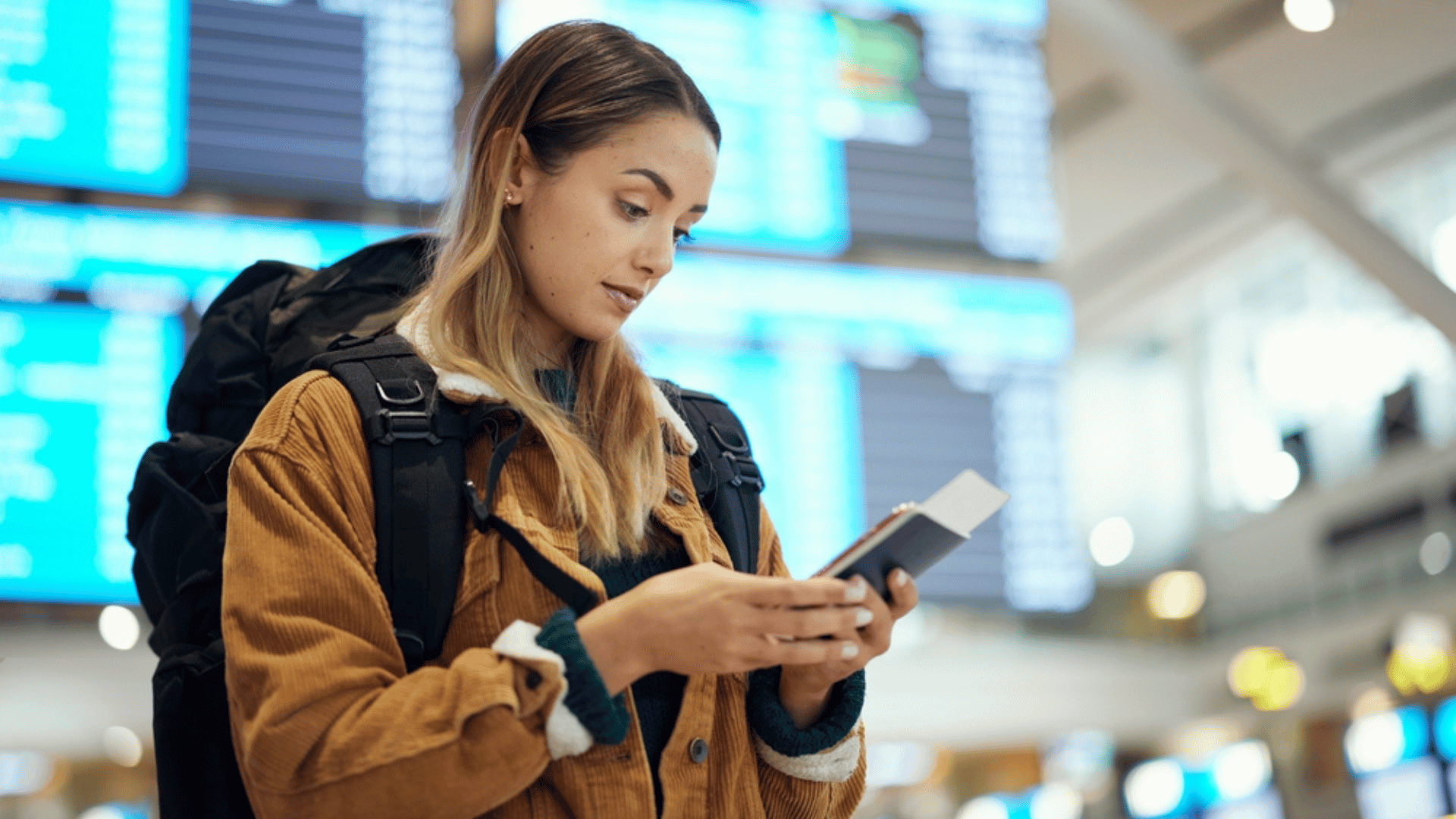 Person In Airport Looking At Digital Passport on Smartphone