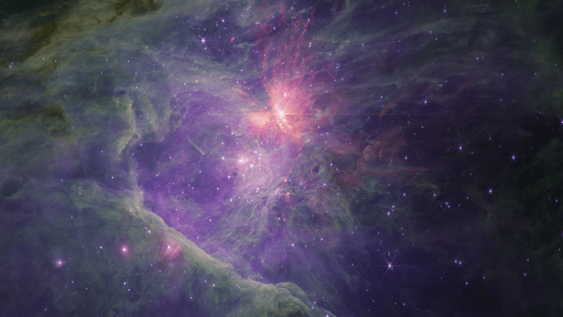 An image of the Orion Nebula as seen through James Webb's Near-Infrared Camera's (NIRCam) long-wavelength channel