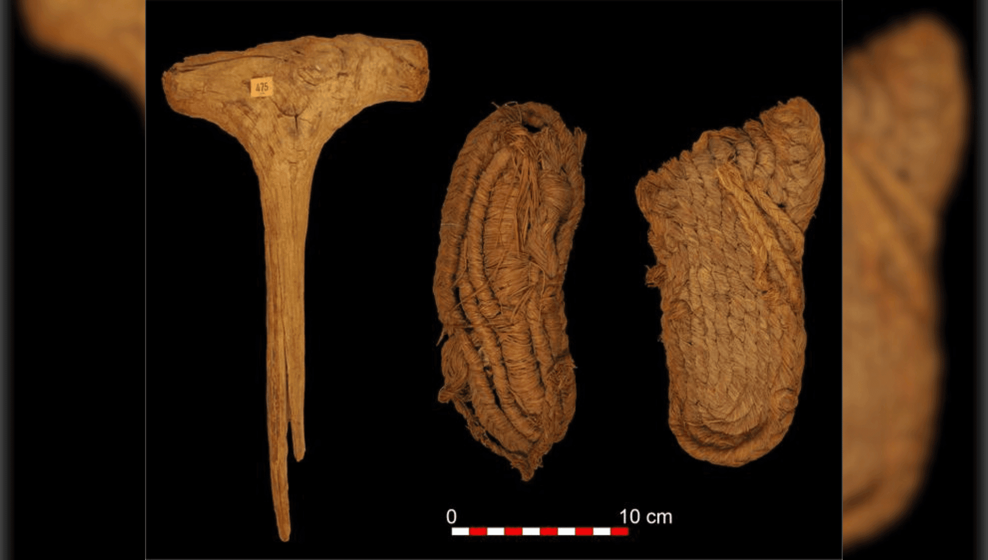 Wooden mace and esparto sandals, dating back to the Neolithic 6,200 years ago MUTERMUR Project