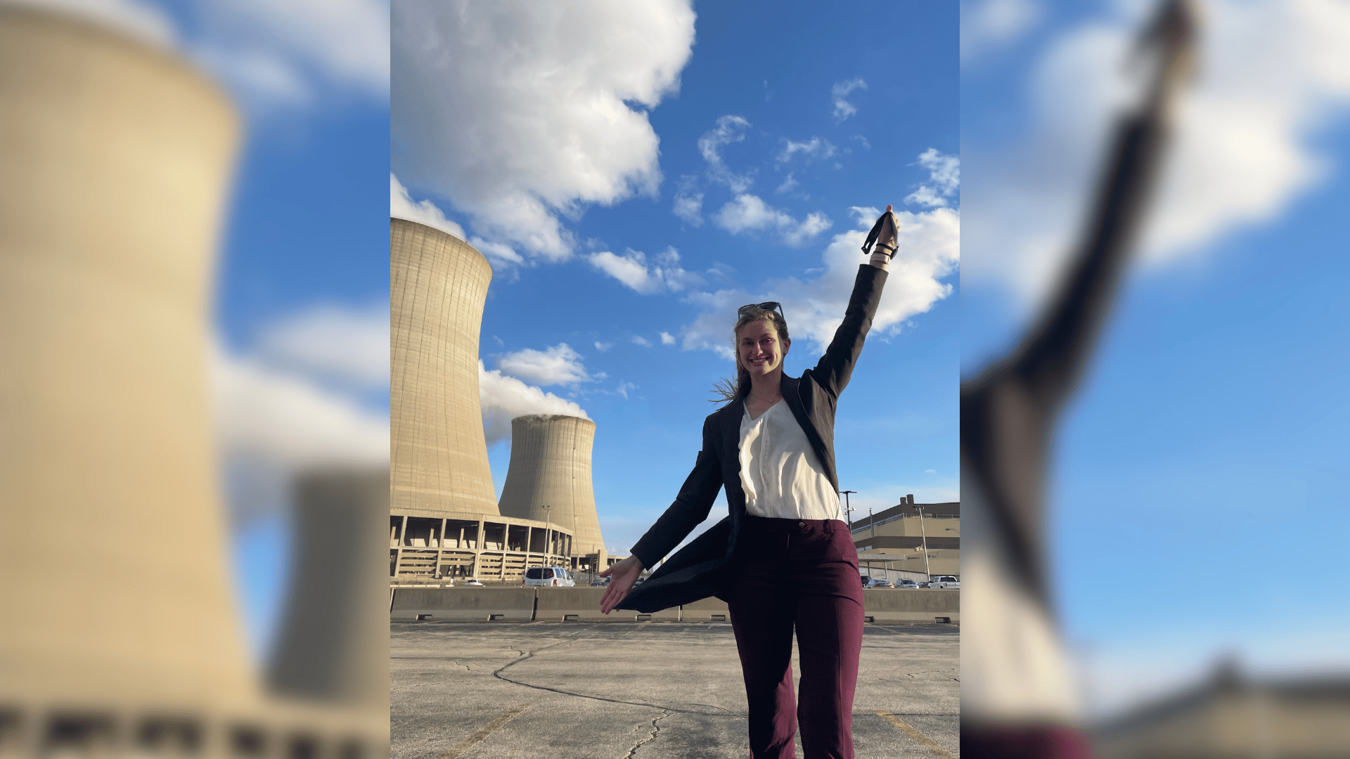 Grace Stanke Miss America Standing in Front of Cooling Tower