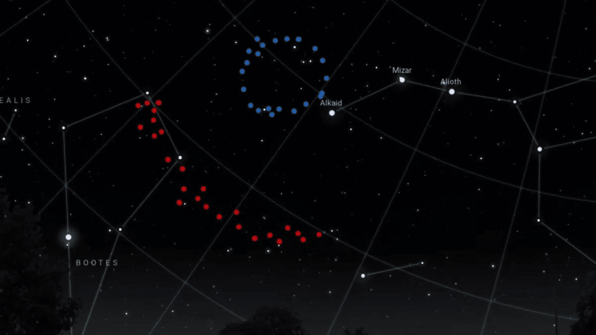 An artistic impression of what the Big Ring (shown in blue) and Giant Arc (shown in red) would look like in the sky Stellarium