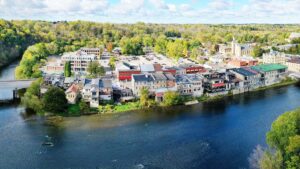 An aerial panorama view of Paris, Ontario, Canada in early autumn