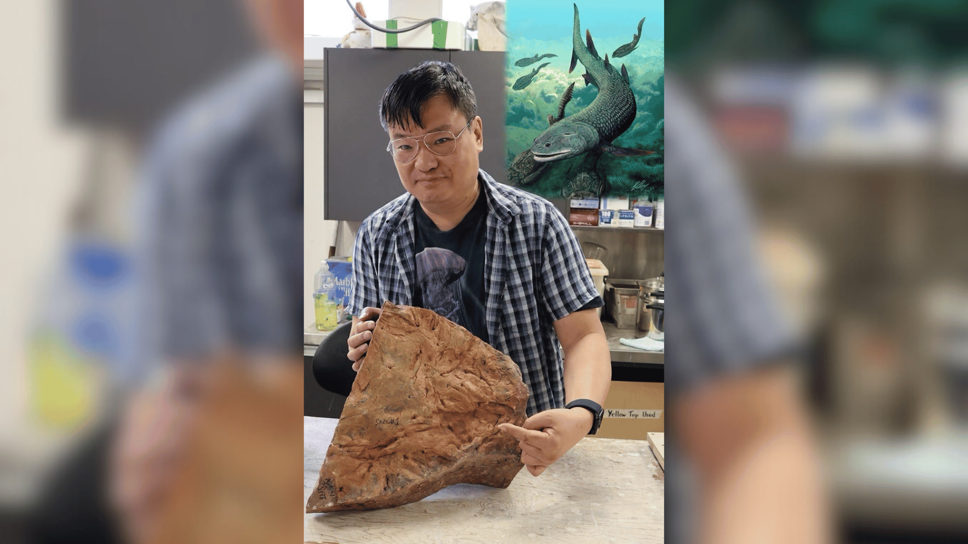Flinders University palaeontologist Dr Brian Choo, with the well-preserved fossil fish (and artwork inset). Credit: Flinders University