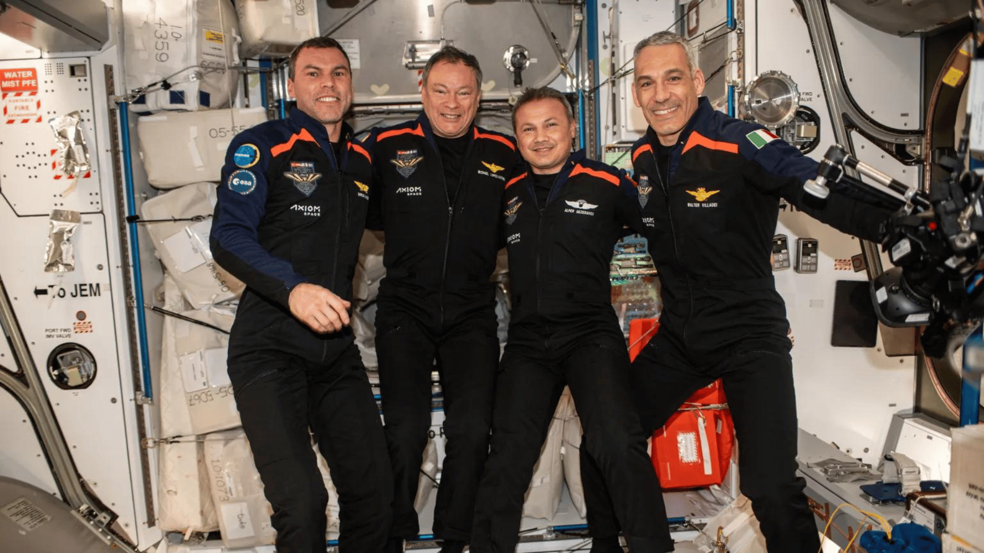 The Axiom Mission 3 crew aboard the International Space Station, pictured from left to right: Marcus Wandt, Michael López-Alegría, Alper Gezeravci, and Walter Villadei. Credits: Axiom Space
