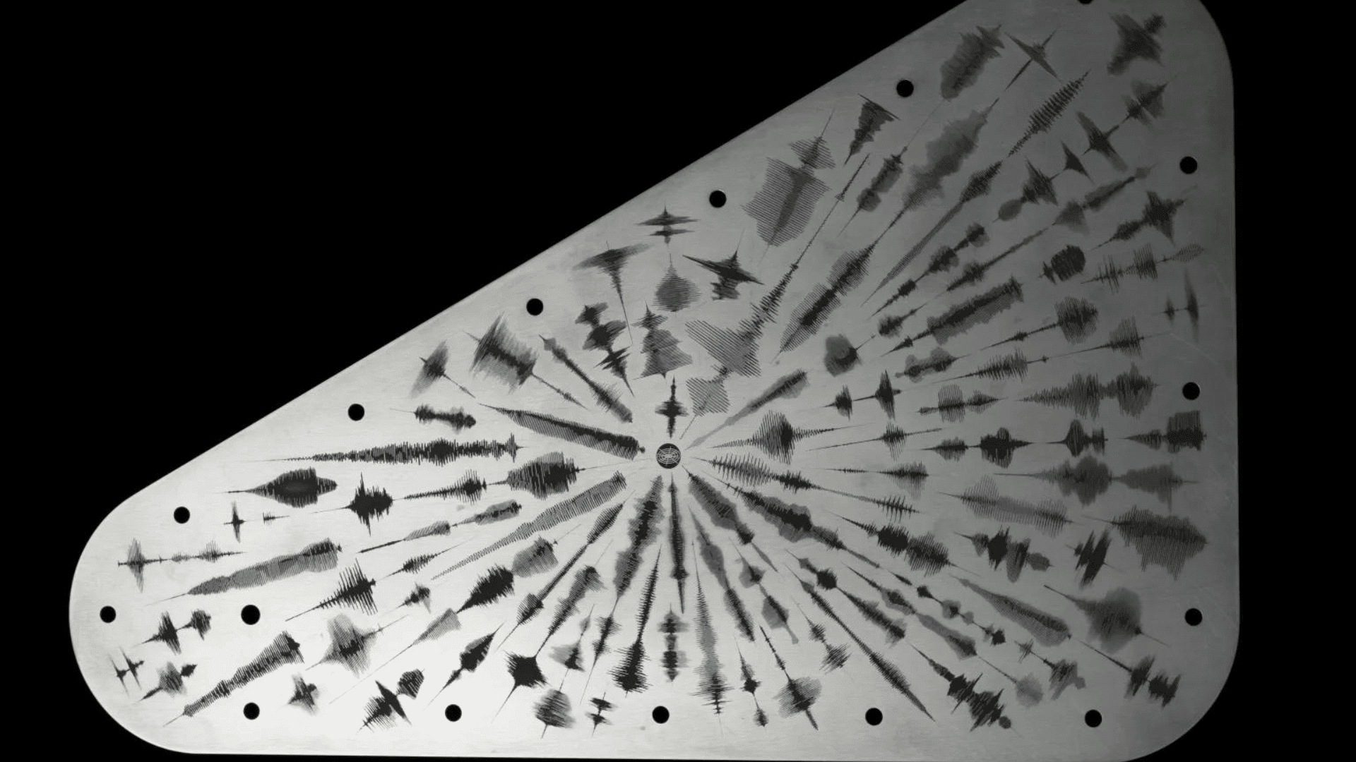 The art on this side of the plate features waveforms that are visual representations of the sound waves formed by the word “water” in 103 languages NASA:JPL-Caltech