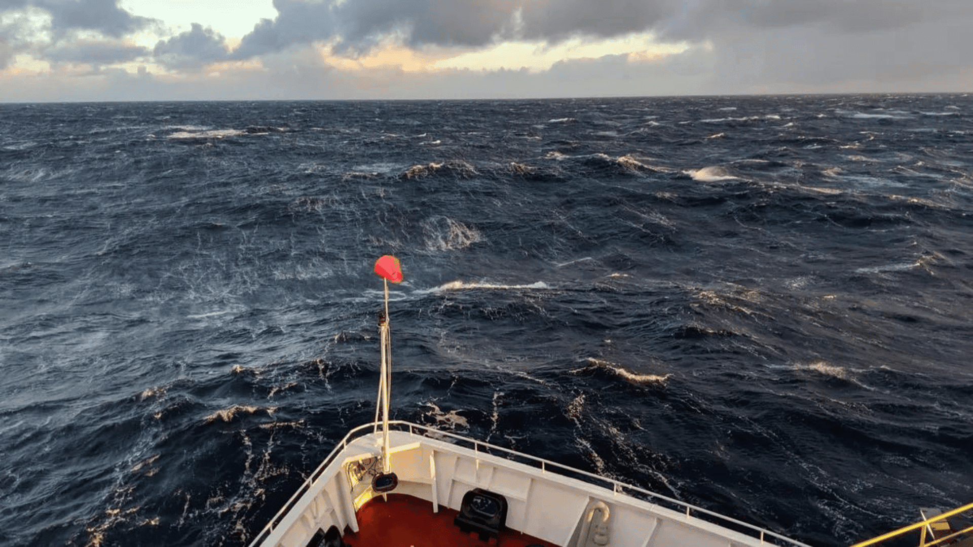 The research vessel, JOIDES Resolution, heads into a rare calm day in the South Pacific region of the Antarctic Circumpolar Current. Image credit: Gisela Winckler
