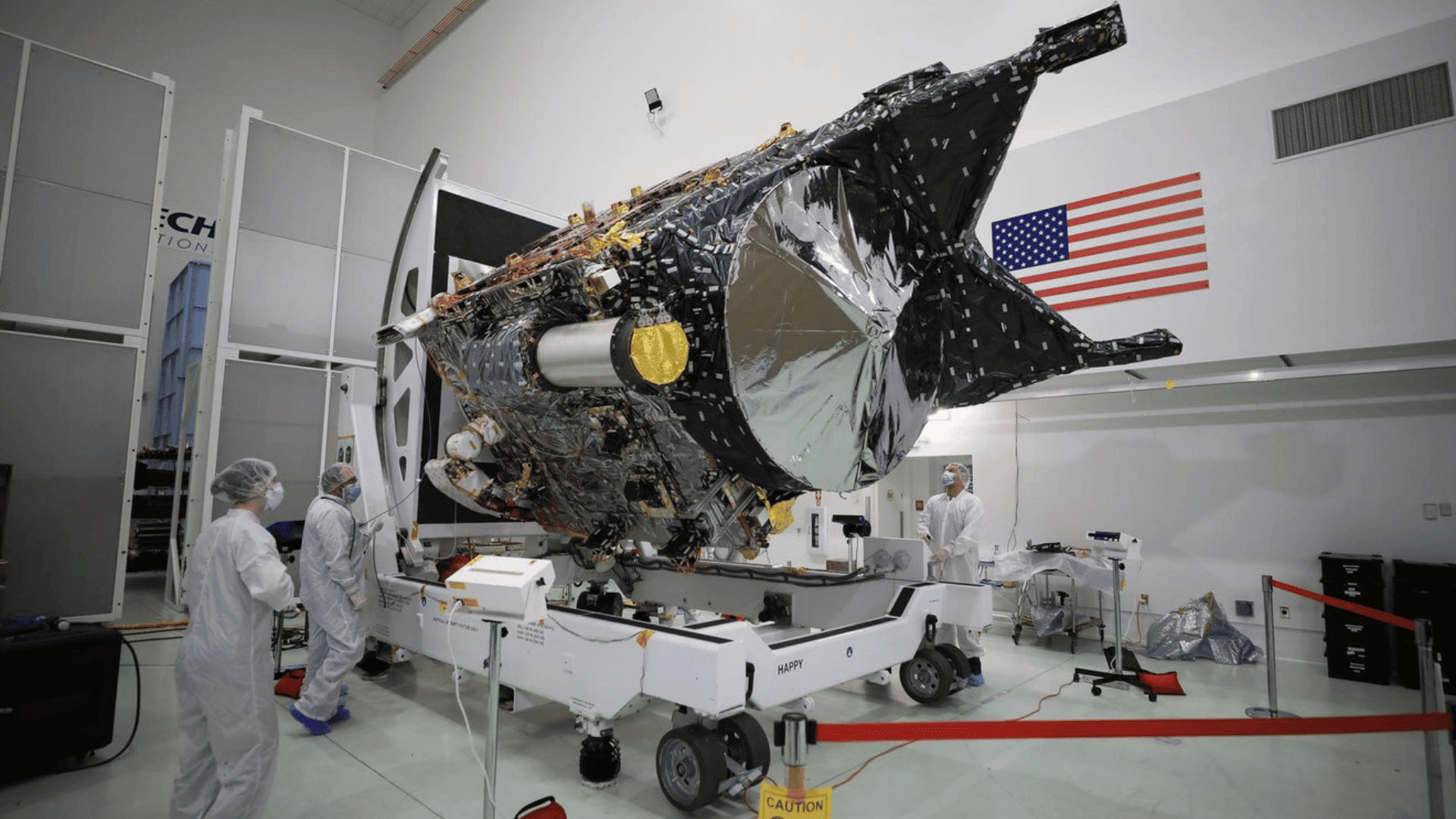 NASA’s Psyche spacecraft is shown in a clean room at the Astrotech Space Operations facility near the agency’s Kennedy Space Center NASA:Ben Smegelsky