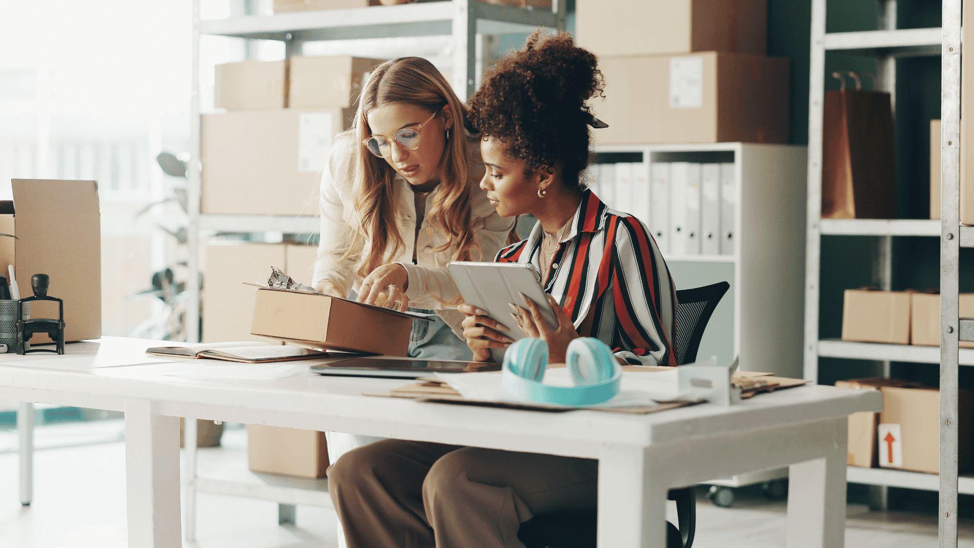 teamwork office logistics, package and e-ommerce checklist with stock of online shop. Small business