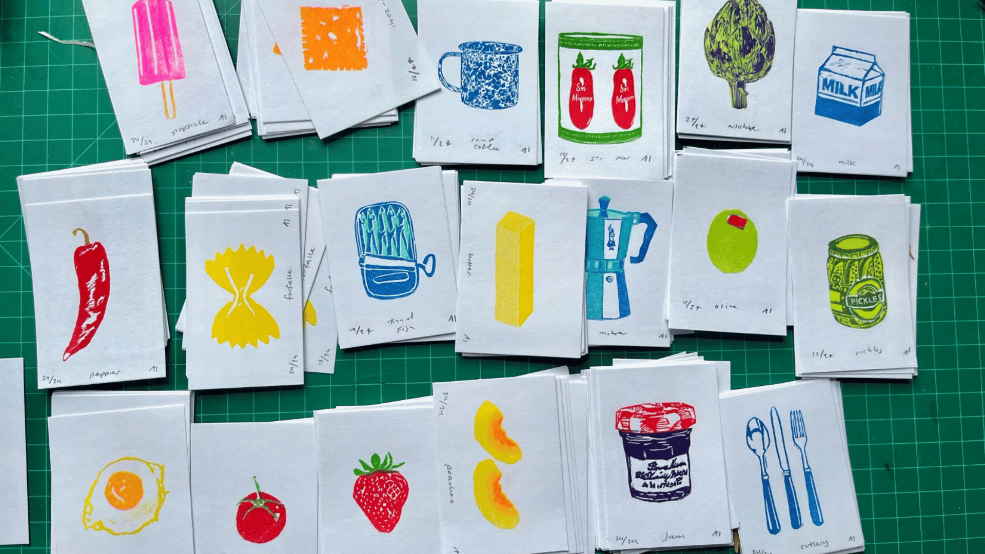 Artist Ana Inciardi's vending machine prints feature food items and the tools that are associated with them. Ana Inciardi
