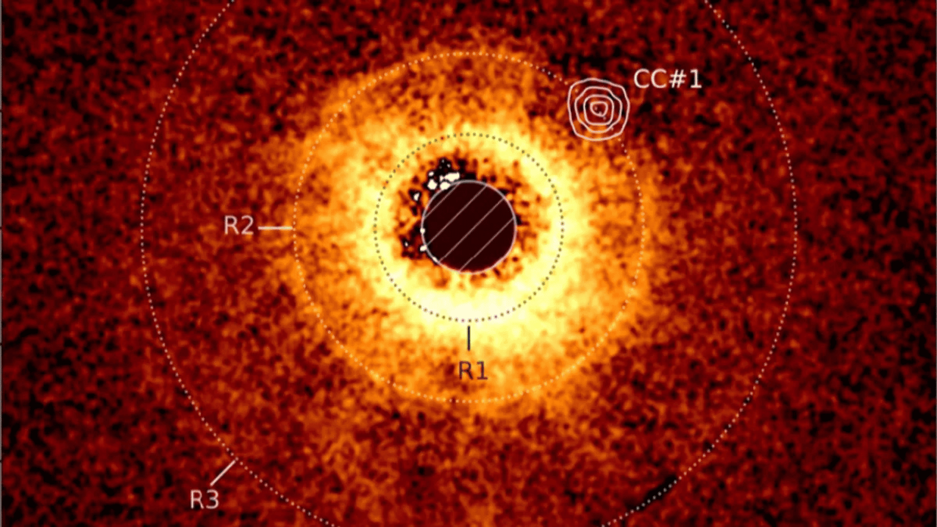 An image of the disk from the Very Large Telescope, overlayed with contours from the JWST data; Photo: JWST:ESO:Lagrange